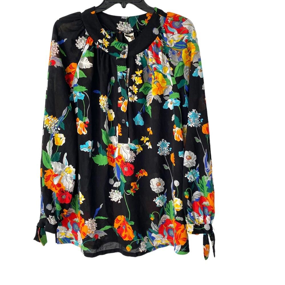 Ample Togs California Vintage 60s 70s Black Floral Tunic Top Tie Sleeves XL